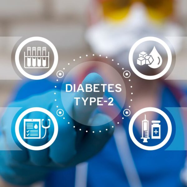 Doctor using virtual touch screen push on inscription: diabetes type 2. diabetes mellitus. diabetes type 2 medical health care concept. type 2 diabetes and insulin production.