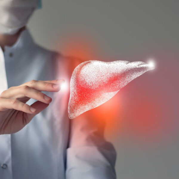 Unrecognizable doctor caring highlighted blue handrawn liver. me